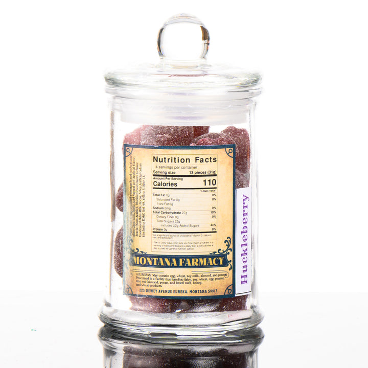 Montana Farmacy Old Fashioned Goodness Candy--Huckleberry Hard Candy--in a glass jar, nutrition facts and ingredients