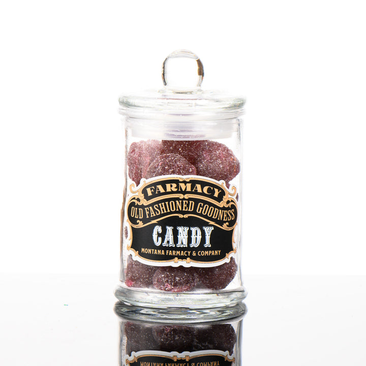 Montana Farmacy Old Fashioned Goodness Candy--Huckleberry Hard Candy--in a glass jar, front