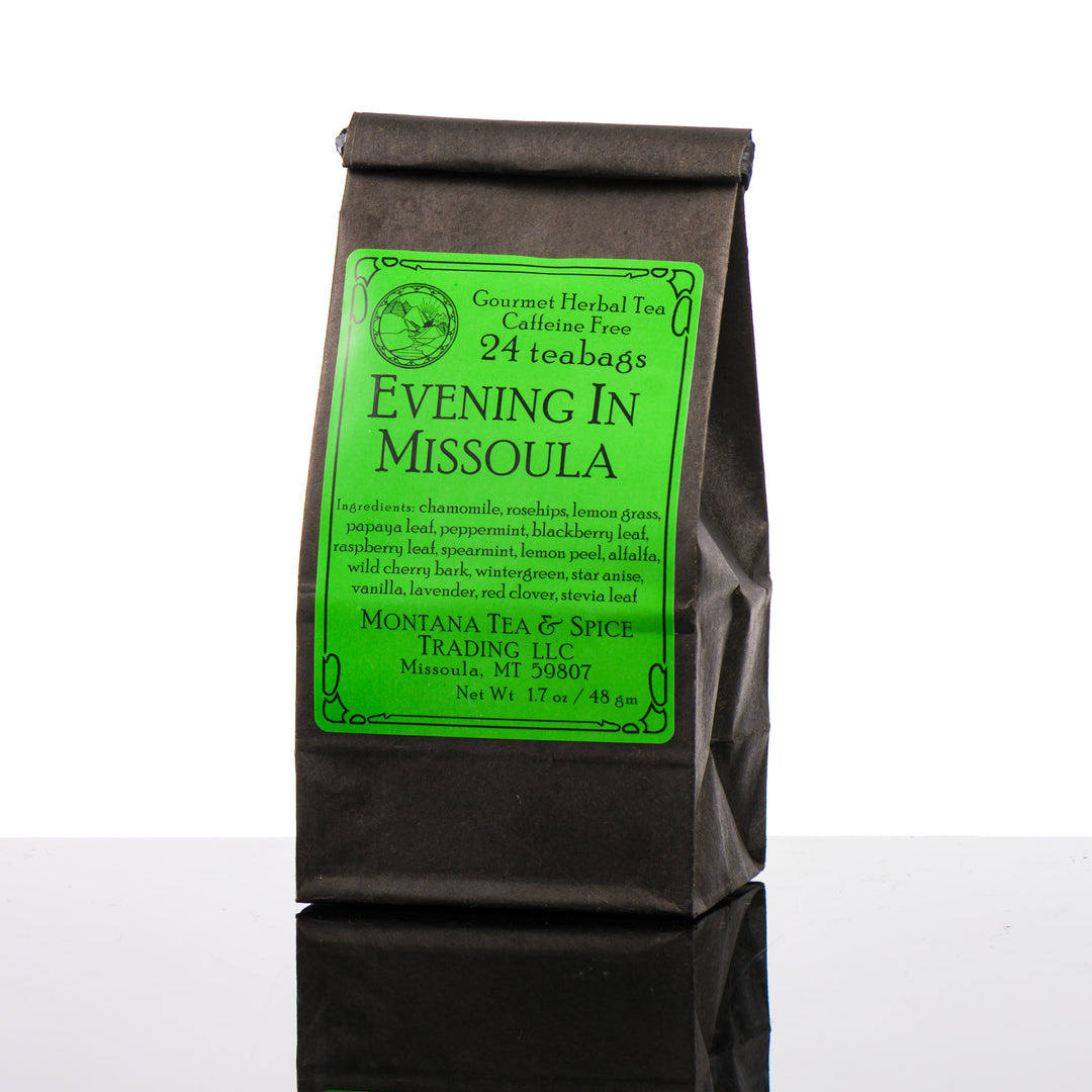 1.7 oz bag of Montana Tea & Spice Trading LLC's Evening in Missoula (24 teabags, caffeine free)—Montana-made tea for gifting and sipping