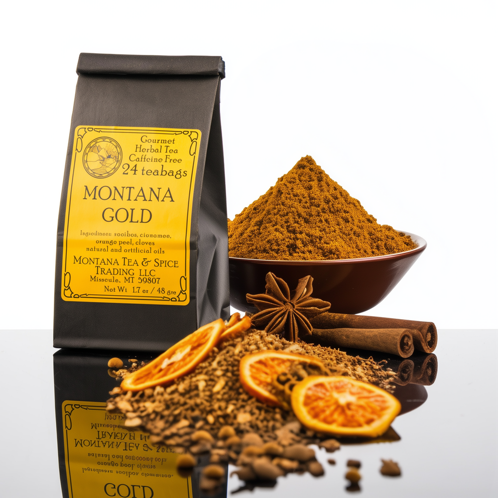 1.7 oz bag of Montana Tea & Spice Trading LLC's Montana Gold (24 teabags, caffeine free)—Montana-made tea for gifting and sipping--showing ingredients
