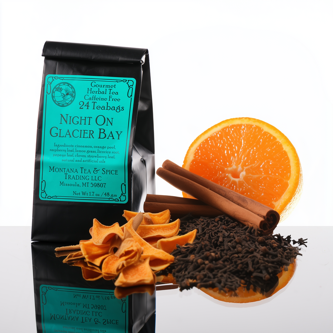 1.7 oz bag of Montana Tea & Spice Trading LLC's Night on Glacier Bay (24 teabags, caffeine free)—Montana-made tea for gifting and sipping--showing ingredients