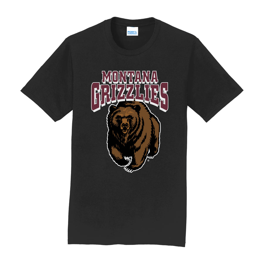 Blue Peak Creative's black Core Cotton T-shirt printed with the University of Montana logo of the charging bear