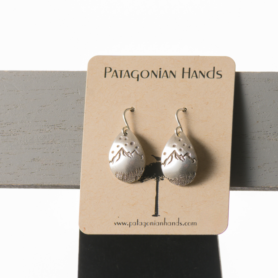 Pair of Teardrop Mountain Earrings Fine and Sterling Silver (.925) by Patagonian Hands (Short), fine jewelry made in Montana