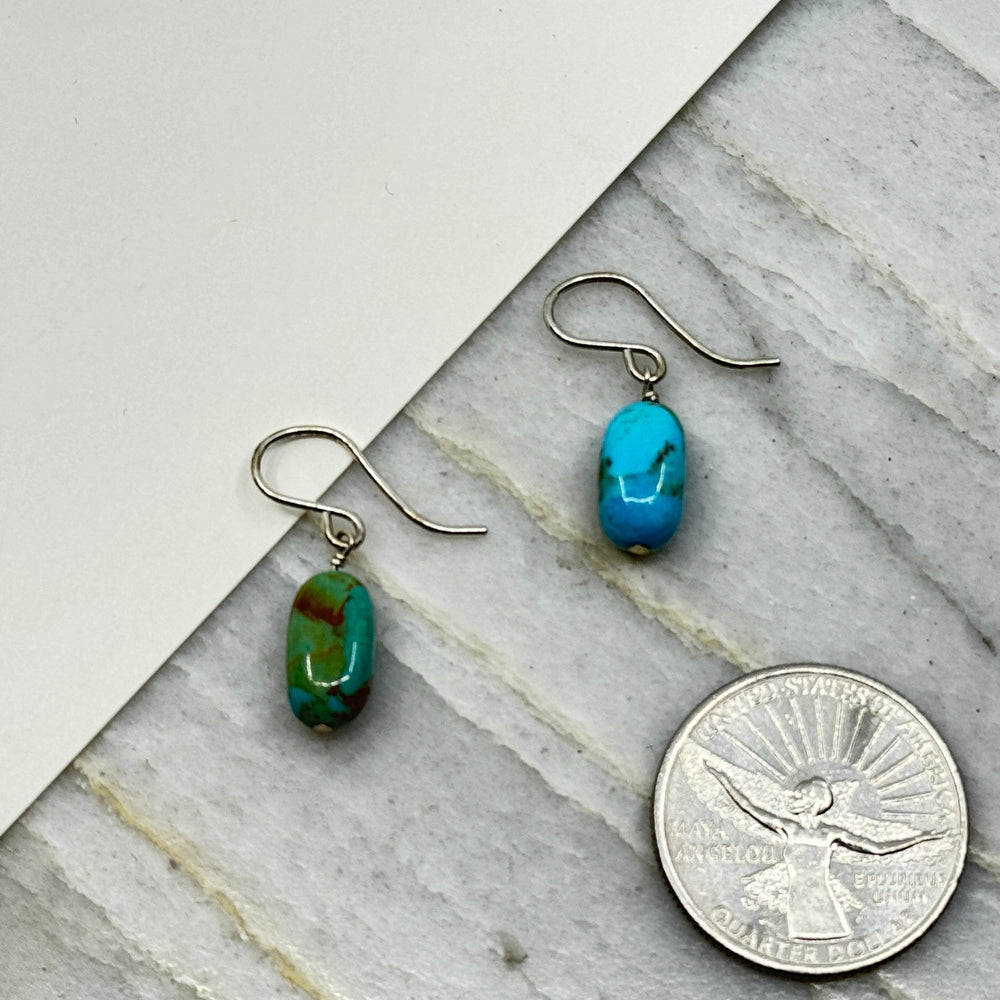 Pair of Kingman Turquoise and Sterling Silver (.925) Earrings by Patagonian Hands, with scale--fine jewelry made in Montana