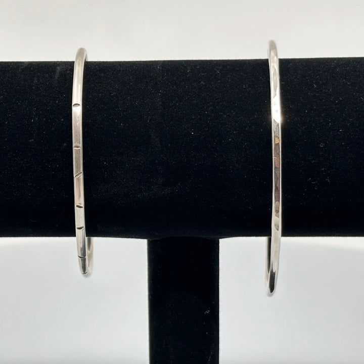 Two Sterling Silver .925 Skinny Cuff Bracelets by Patagonian Hands (partially hammered or gently scored), fine jewelry made in MT