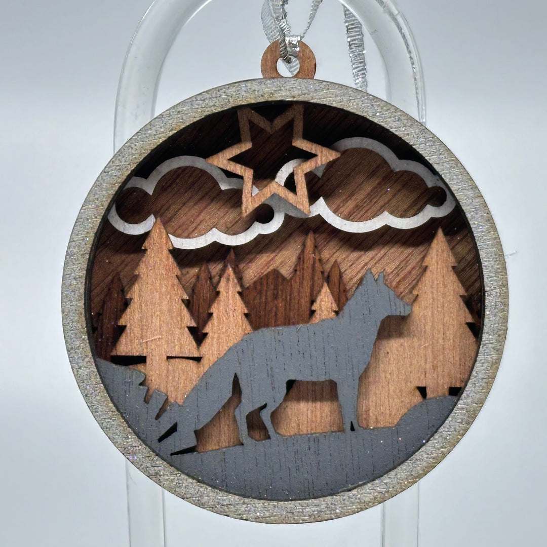 Assorted Wildlife 3D Layered Wood Ornament made in Montana by RJS Engraving & Design - layered wood art wolf ornament