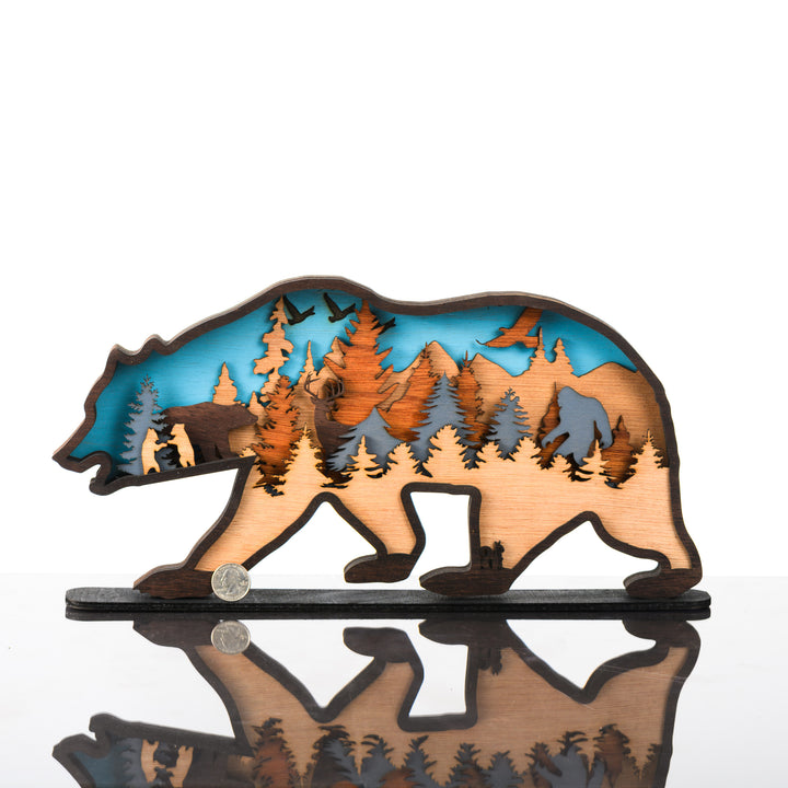 Bear 3D Layered Wood Art made in Montana by RJS Engraving & Design - laser-cut wood art depicting a mountain scene inside the silhouette of a bear, large with scale