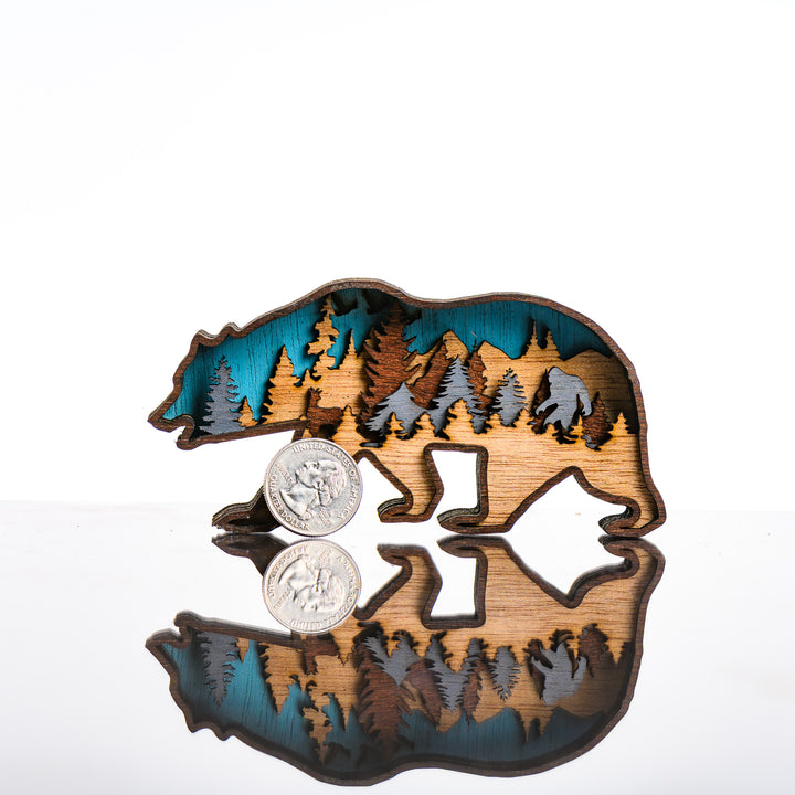 Bear 3D Layered Wood Art made in Montana by RJS Engraving & Design - laser-cut wood art depicting a mountain scene inside the silhouette of a bear, mini with scale