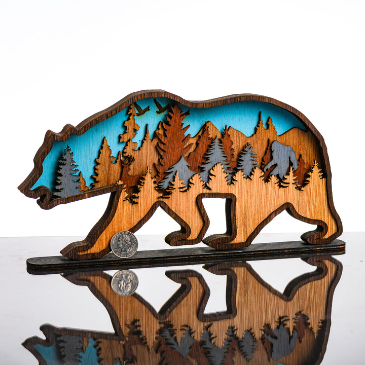 Bear 3D Layered Wood Art made in Montana by RJS Engraving & Design - laser-cut wood art depicting a mountain scene inside the silhouette of a bear, standard with scale