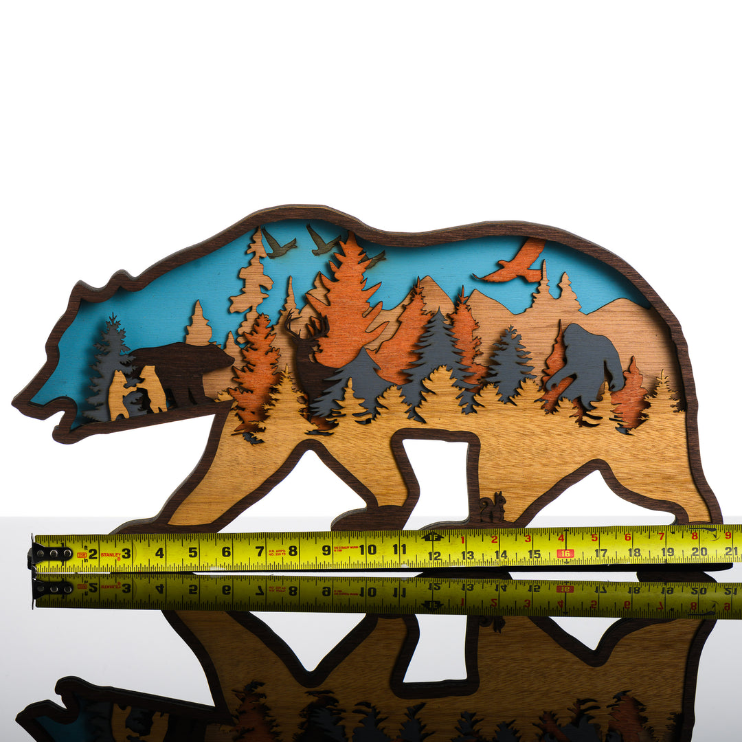 Bear 3D Layered Wood Art made in Montana by RJS Engraving & Design - laser-cut wood art depicting a mountain scene inside the silhouette of a bear, x-large with scale