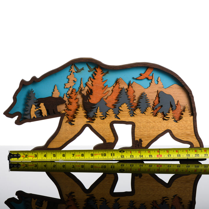Bear 3D Layered Wood Art made in Montana by RJS Engraving & Design - laser-cut wood art depicting a mountain scene inside the silhouette of a bear, x-large with scale