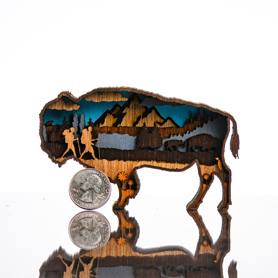 Bison 3D Layered Wood Art made in Montana by RJS Engraving & Design - laser-cut wood art depicting a nature scene inside the silhouette of a bison, Mini with scale