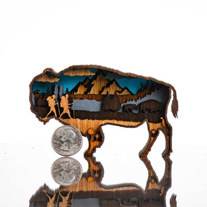 Bison 3D Layered Wood Art made in Montana by RJS Engraving & Design - laser-cut wood art depicting a nature scene inside the silhouette of a bison, Mini with scale