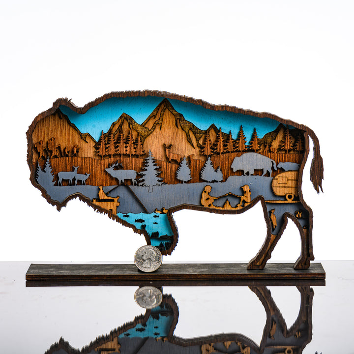 Bison 3D Layered Wood Art made in Montana by RJS Engraving & Design - laser-cut wood art depicting a nature scene inside the silhouette of a bison, Standard with scale