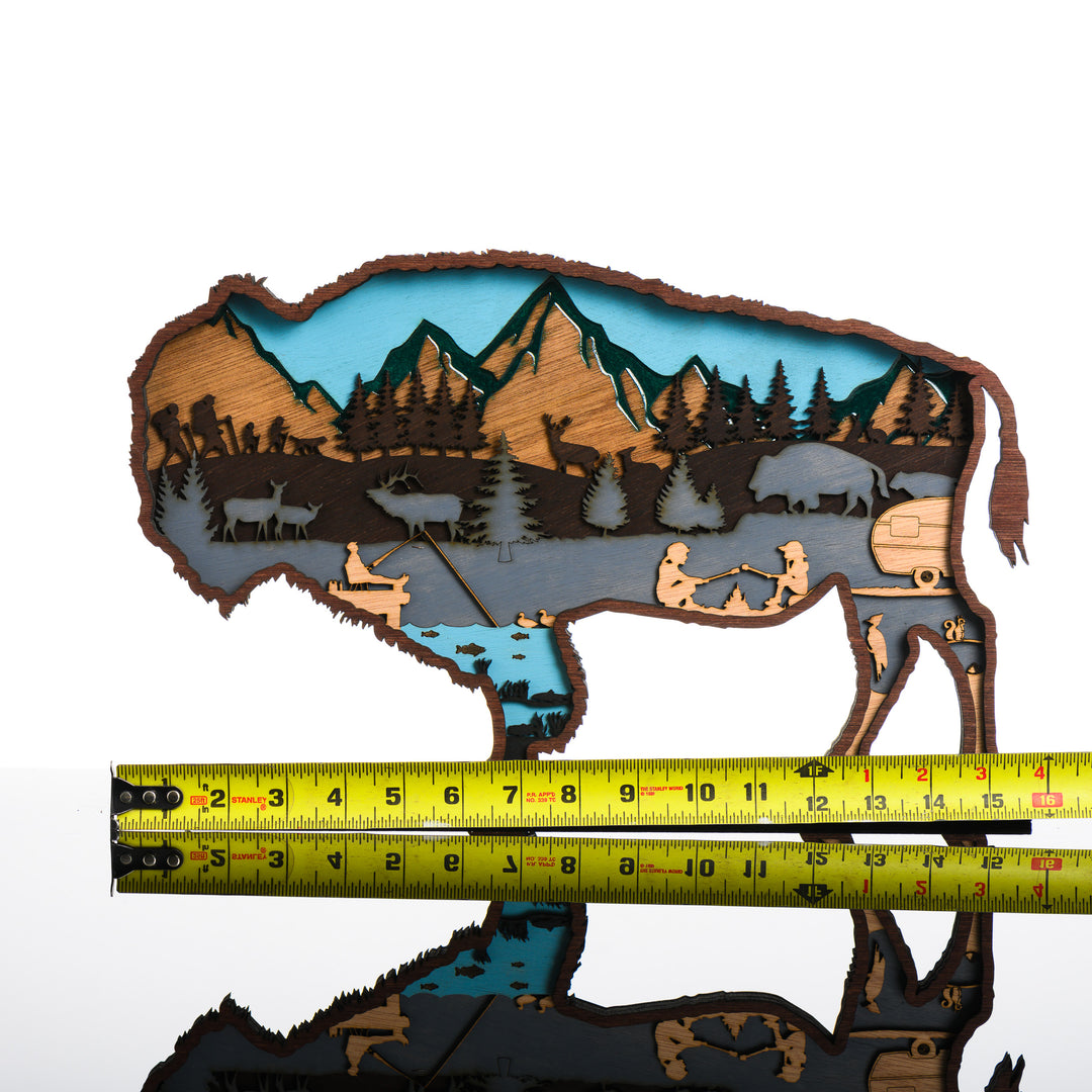 Bison 3D Layered Wood Art made in Montana by RJS Engraving & Design - laser-cut wood art depicting a nature scene inside the silhouette of a bison, Large with scale