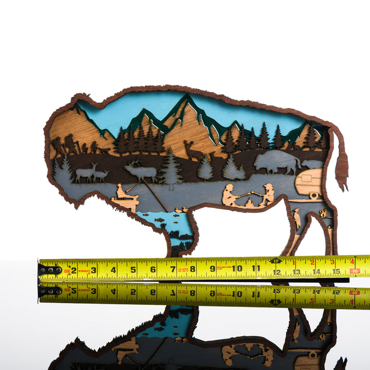 Bison 3D Layered Wood Art made in Montana by RJS Engraving & Design - laser-cut wood art depicting a nature scene inside the silhouette of a bison, Large with scale