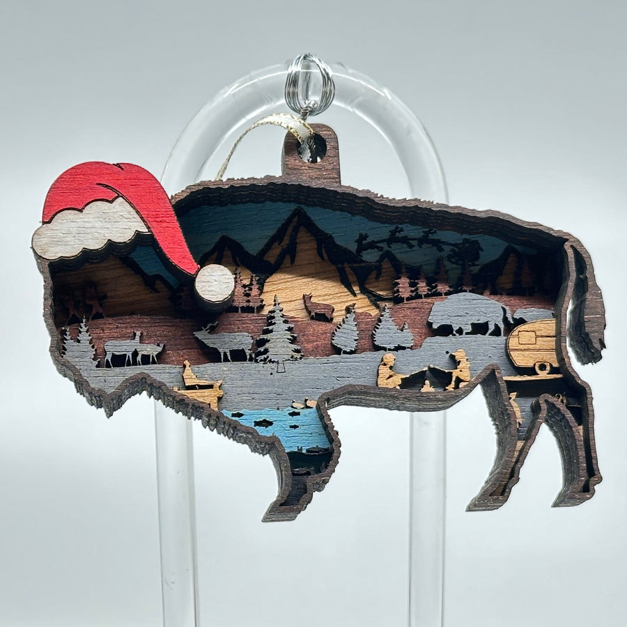 Bison 3D Layered Wood Ornament made in Montana by RJS Engraving & Design - layered wood art bison in a Santa hat ornament