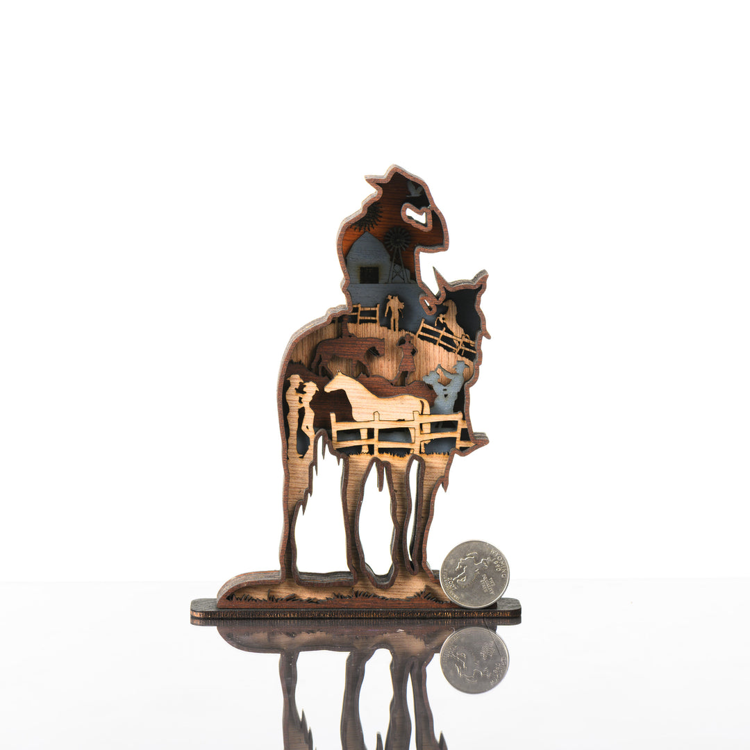 Cowboy 3D Layered Wood Artmade in Montana by RJS Engraving & Design - laser-cut wood art depicting ranch scene inside the silhouette of a cowboy on a horse, Mini with scale