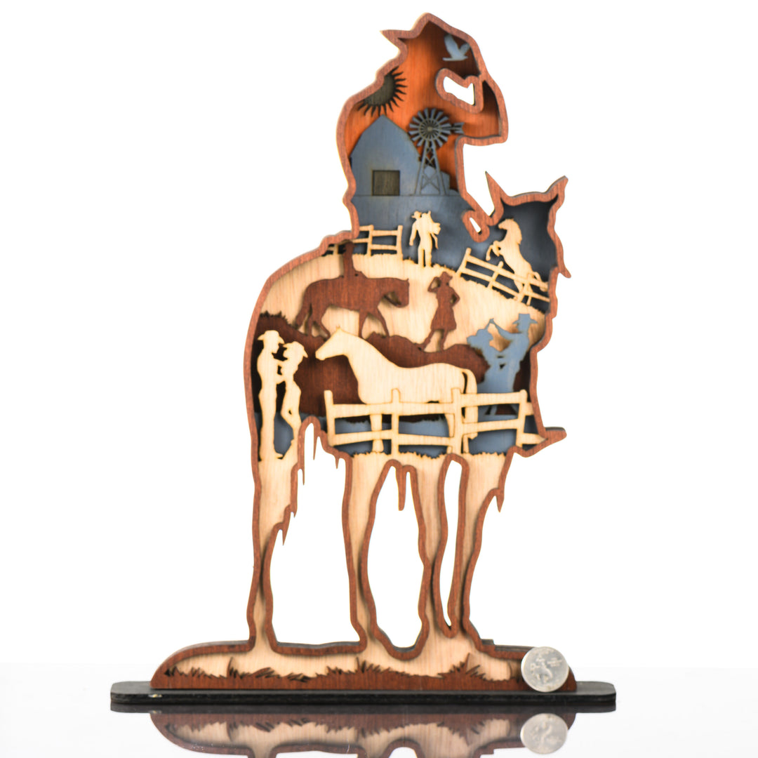 Cowboy 3D Layered Wood Artmade in Montana by RJS Engraving & Design - laser-cut wood art depicting ranch scene inside the silhouette of a cowboy on a horse, Standard with scale