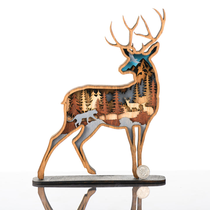 Deer 3D Layered Wood Art made in Montana by RJS Engraving & Design - laser-cut wood art depicting a nature scene inside the silhouette of a deer, Standard with scale