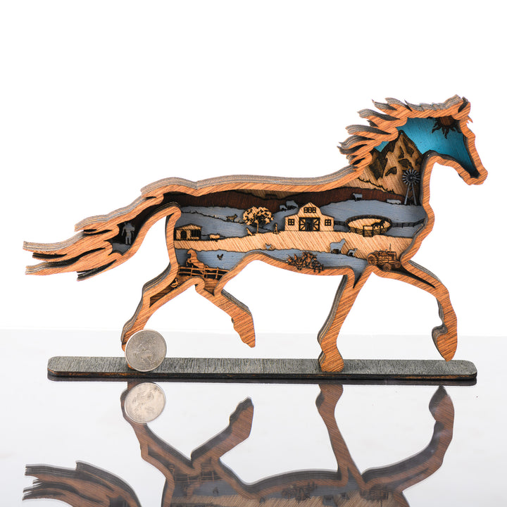 Horse 3D Layered Wood Art made in Montana by RJS Engraving & Design - laser-cut wood art depicting a farm and mountain scene inside the silhouette of a trotting horse, Mini with scale