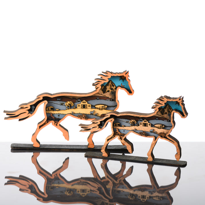 Horse 3D Layered Wood Art made in Montana by RJS Engraving & Design - laser-cut wood art depicting a farm and mountain scene inside the silhouette of a trotting horse, two sizes