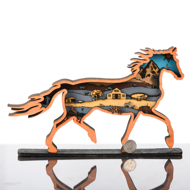 Horse 3D Layered Wood Art made in Montana by RJS Engraving & Design - laser-cut wood art depicting a farm and mountain scene inside the silhouette of a trotting horse, Standard with scale