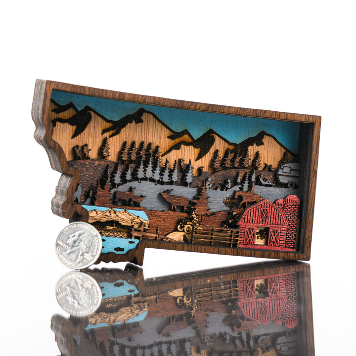 Montana State 3D Layered Wood Art made in Montana by RJS Engraving & Design - laser-cut wood art depicting ranch life and an outdoors scene within the outline of the state of Montana, Mini with scale