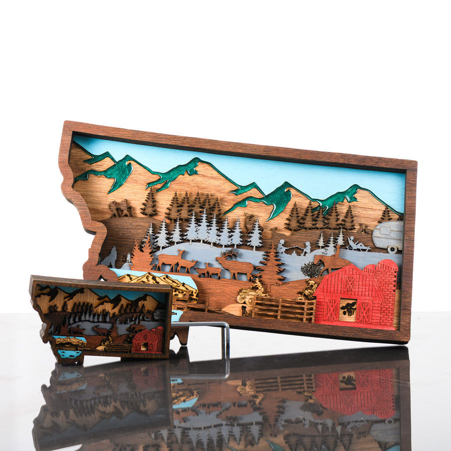Montana State 3D Layered Wood Art made in Montana by RJS Engraving & Design - laser-cut wood art depicting ranch life and an outdoors scene within the outline of the state of Montana, two sizes