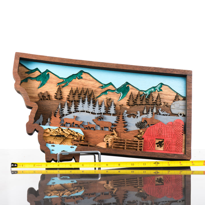 Montana State 3D Layered Wood Art made in Montana by RJS Engraving & Design - laser-cut wood art depicting ranch life and an outdoors scene within the outline of the state of Montana, Standard with scale