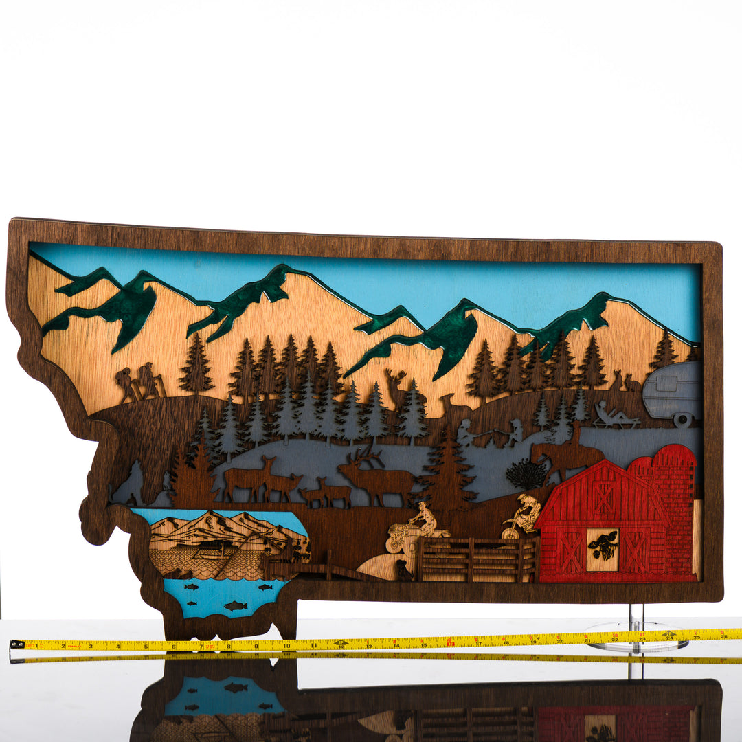 Montana State 3D Layered Wood Art made in Montana by RJS Engraving & Design - laser-cut wood art depicting ranch life and an outdoors scene within the outline of the state of Montana, X-Large with scale