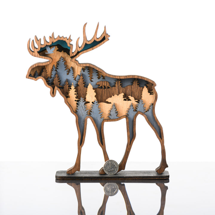 Moose 3D Layered Wood Art made in Montana by RJS Engraving & Design - laser-cut wood art depicting trees and wildlife within the silhouette of a moose, Large w/ scale