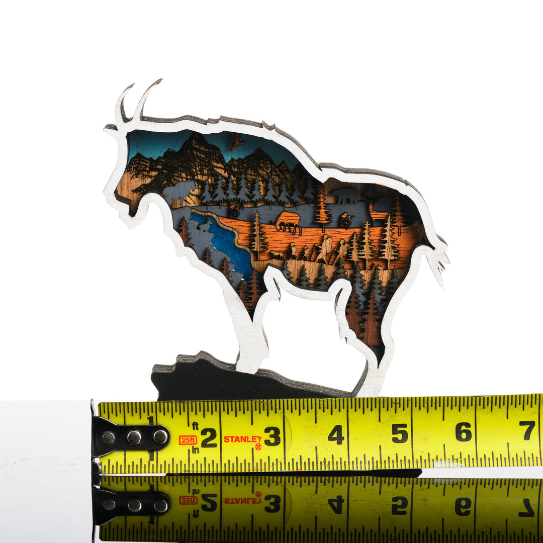 Mountain Goat 3D Layered Wood Art made in Montana by RJS Engraving & Design - laser-cut wood art depicting hikers traversing the wilderness, within the silhouette of a mountain goat, Mini with scale