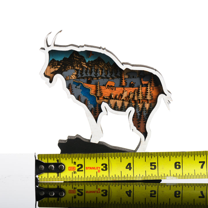 Mountain Goat 3D Layered Wood Art made in Montana by RJS Engraving & Design - laser-cut wood art depicting hikers traversing the wilderness, within the silhouette of a mountain goat, Mini with scale