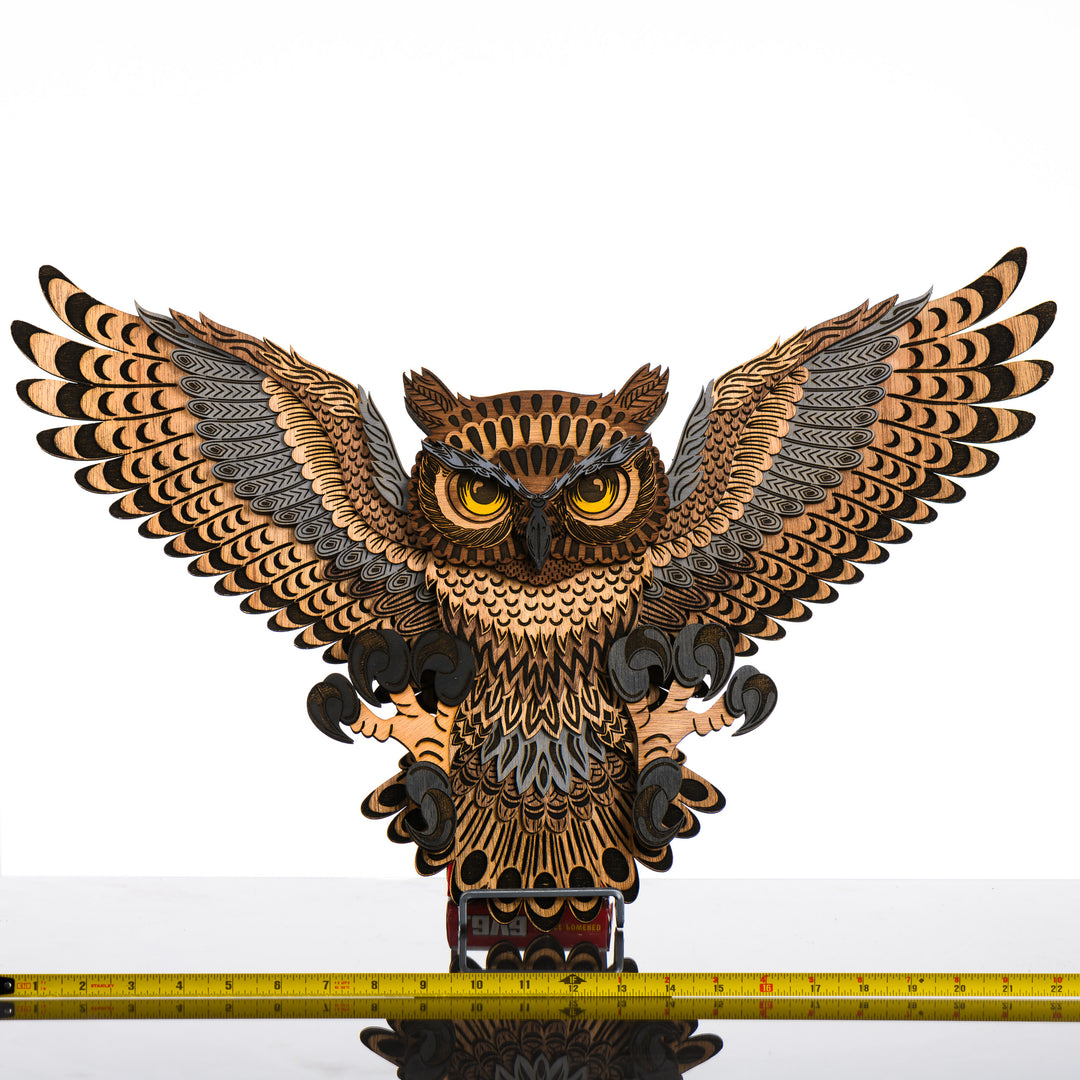 Owl 3D Layered Wood Art made in Montana by RJS Engraving & Design - laser-cut wood layers depict an owl with outstretched wings, Large w/ scale