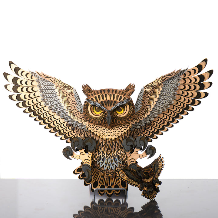 Owl 3D Layered Wood Art made in Montana by RJS Engraving & Design - laser-cut wood layers depict an owl with outstretched wings, two sizes