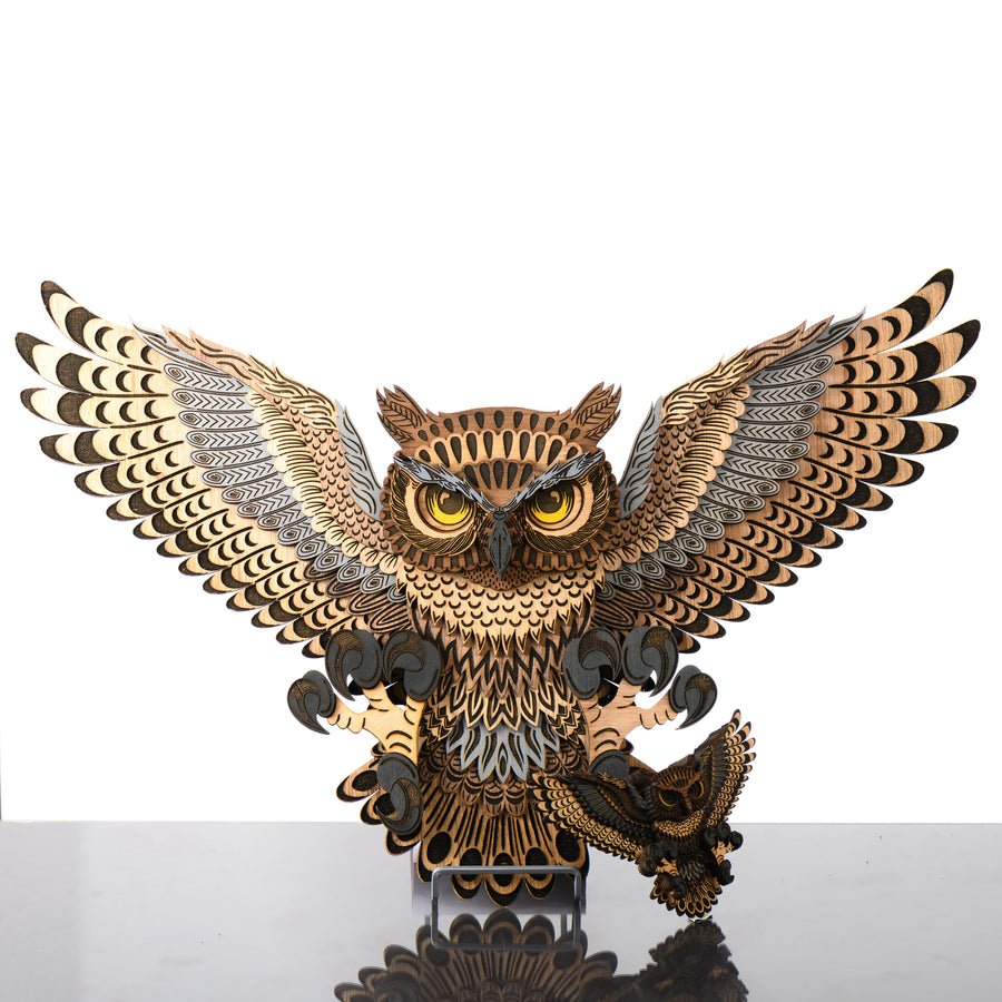 Owl 3D Layered Wood Art made in Montana by RJS Engraving & Design - laser-cut wood layers depict an owl with outstretched wings, two sizes