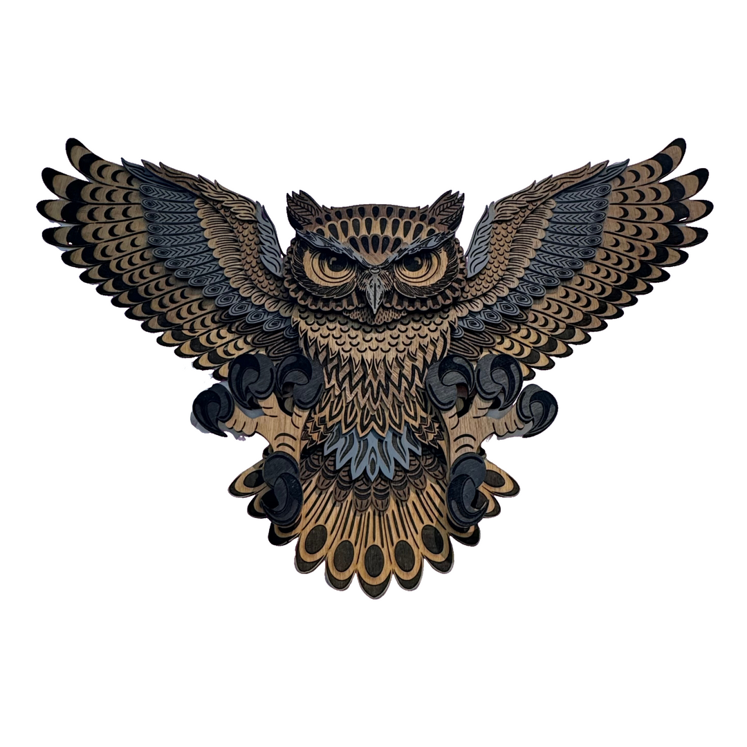 Owl 3D Layered Wood Art made in Montana by RJS Engraving & Design - laser-cut wood layers depict an owl with outstretched wings, x-large