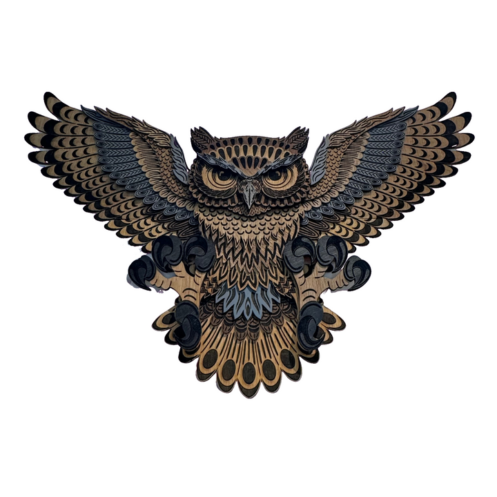 Owl 3D Layered Wood Art made in Montana by RJS Engraving & Design - laser-cut wood layers depict an owl with outstretched wings, x-large