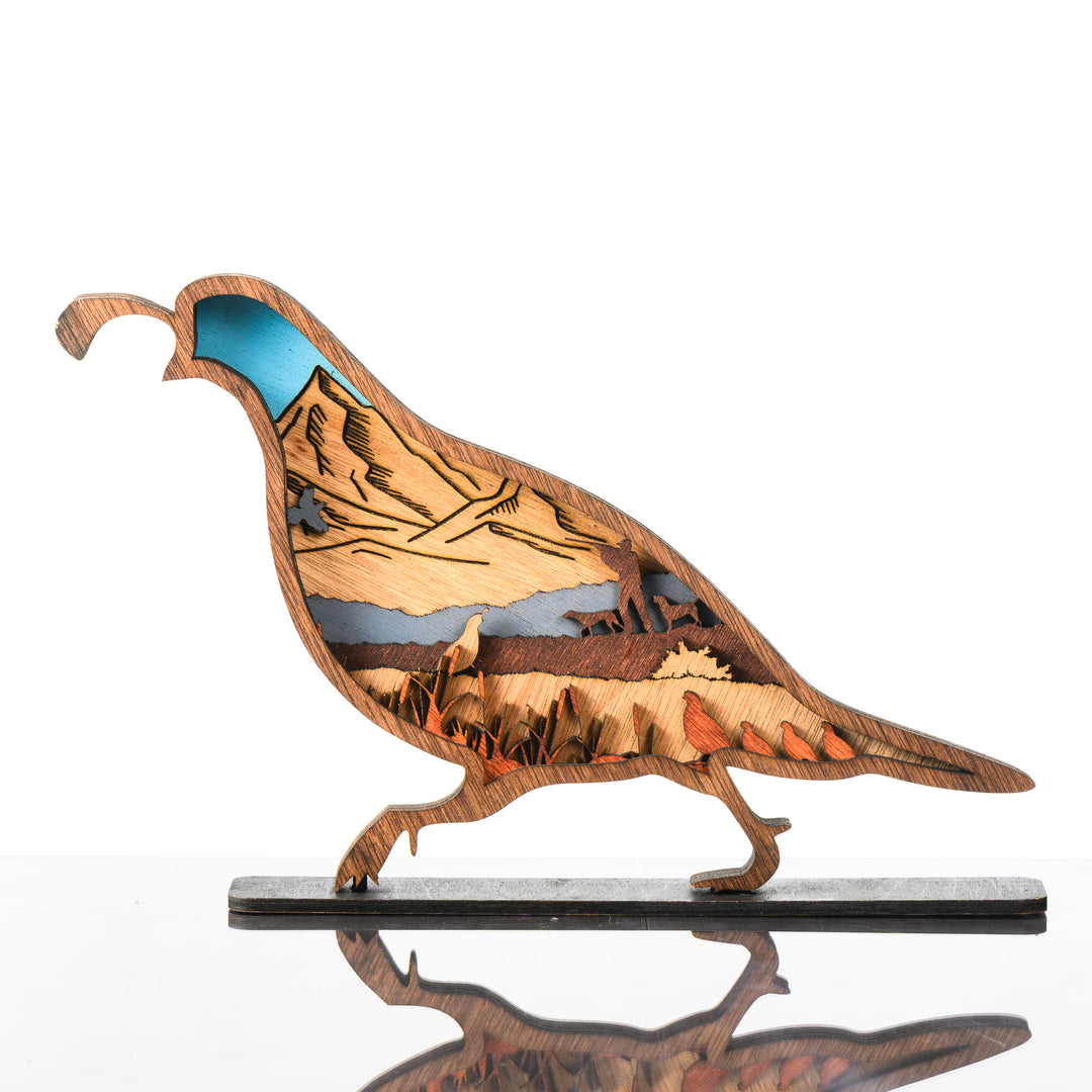 Quail 3D Layered Wood Art made in Montana by RJS Engraving & Design - laser-cut wood layers depict a bird hunting and mountain scene within the silhouette of a quail, Standard