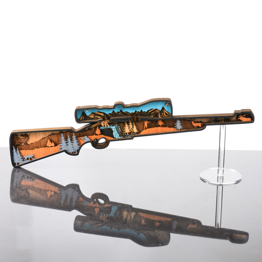 Rifle 3D Layered Wood Art made in Montana by RJS Engraving & Design - laser-cut wood layers depict a wildlife and hunting scene within the silhouette of a rifle, Large