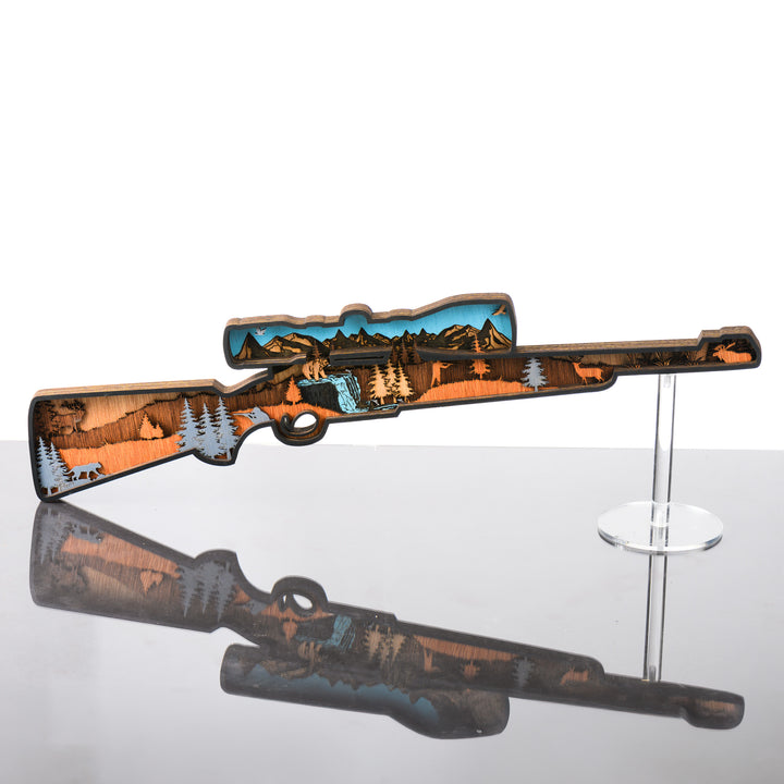 Rifle 3D Layered Wood Art made in Montana by RJS Engraving & Design - laser-cut wood layers depict a wildlife and hunting scene within the silhouette of a rifle, Large