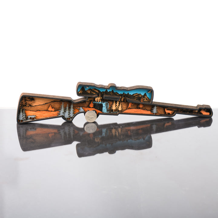 Rifle 3D Layered Wood Art made in Montana by RJS Engraving & Design - laser-cut wood layers depict a wildlife and hunting scene within the silhouette of a rifle, Standard w/ scale