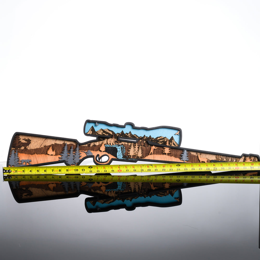 Rifle 3D Layered Wood Art made in Montana by RJS Engraving & Design - laser-cut wood layers depict a wildlife and hunting scene within the silhouette of a rifle, X-Large w/ scale