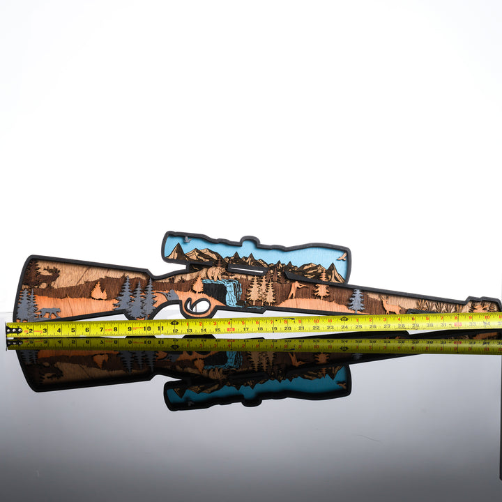 Rifle 3D Layered Wood Art made in Montana by RJS Engraving & Design - laser-cut wood layers depict a wildlife and hunting scene within the silhouette of a rifle, X-Large w/ scale