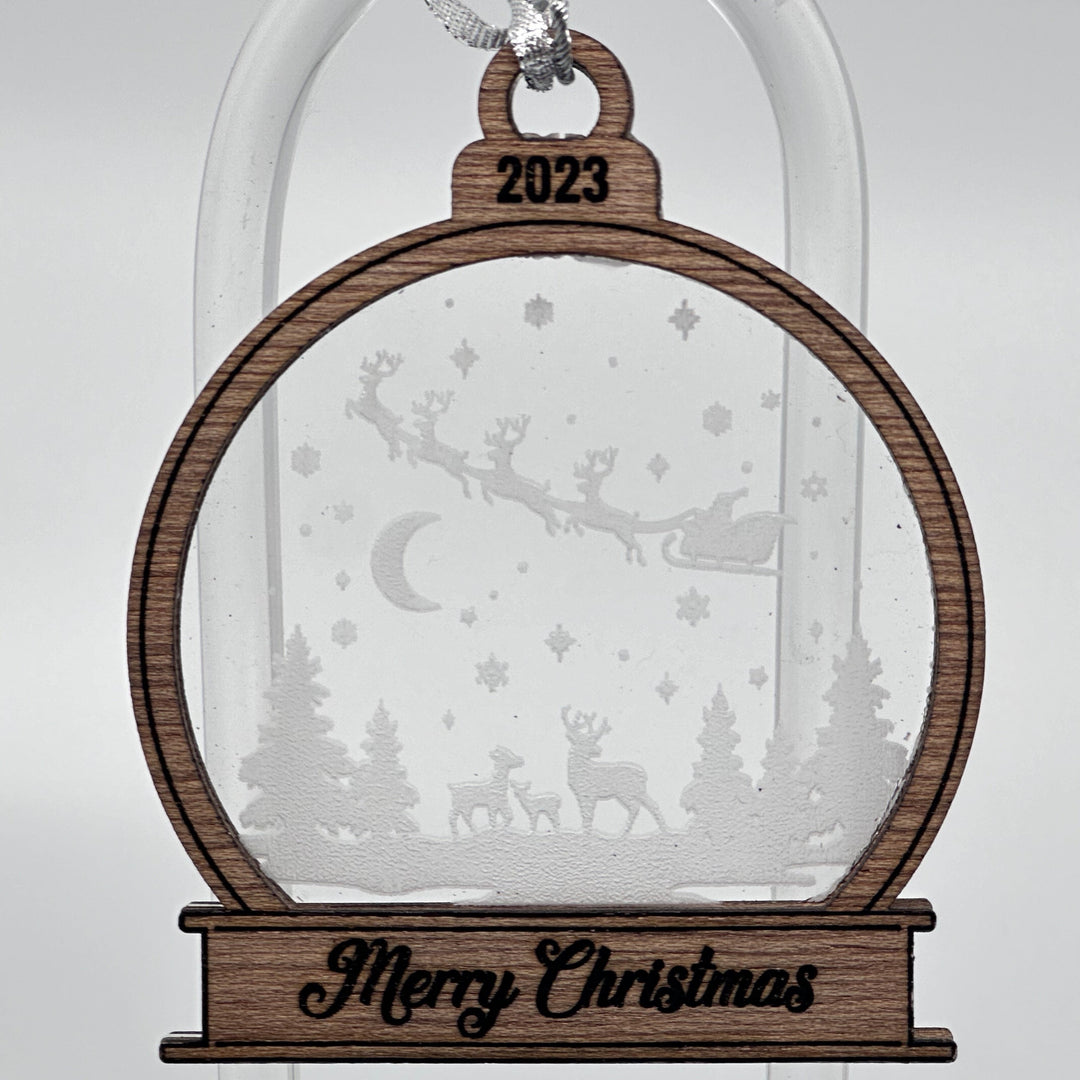 Snow Globe Wood & Frosted Acrylic Ornament made in Montana by RJS Engraving & Design - layered wood & frosted acrylic ornament in the shape of a snow globe