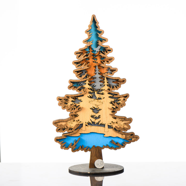Tree 3D Layered Wood Art made in Montana by RJS Engraving & Design - laser-cut wood layers depict a forest and mountain within the silhouette of a tree, Large w/ scale