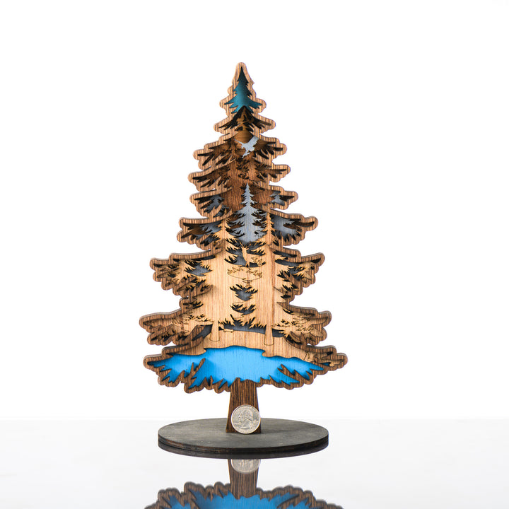 Tree 3D Layered Wood Art made in Montana by RJS Engraving & Design - laser-cut wood layers depict a forest and mountain within the silhouette of a tree, Standard w/ scale