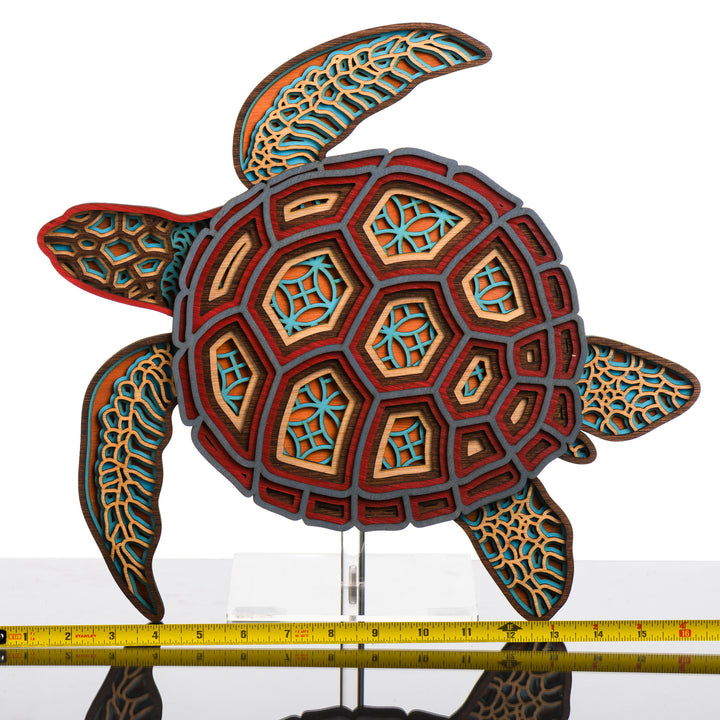 Turtle 3D Layered Wood Art made in Montana by RJS Engraving & Design - laser-cut wood layers depict a colorful swimming turtle, Large w/ scale