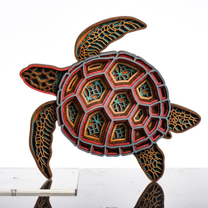 Turtle 3D Layered Wood Art made in Montana by RJS Engraving & Design - laser-cut wood layers depict a colorful swimming turtle, standard